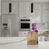 Wooden cutting board with a purple and white handle phone holder