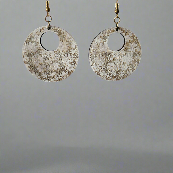 Rustic floral circle wood earrings with brass hooks, dry brushed white