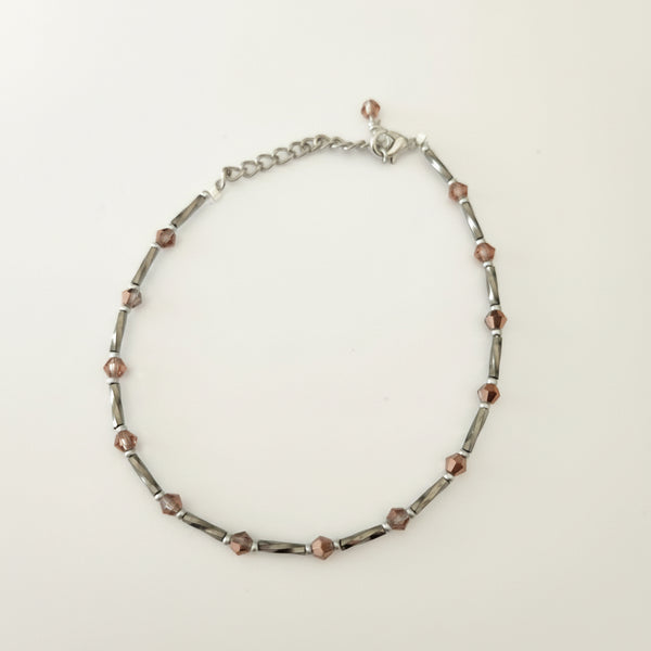 Handmade silver and copper glass bead ankle bracelet by Blue Bourbon Designs.