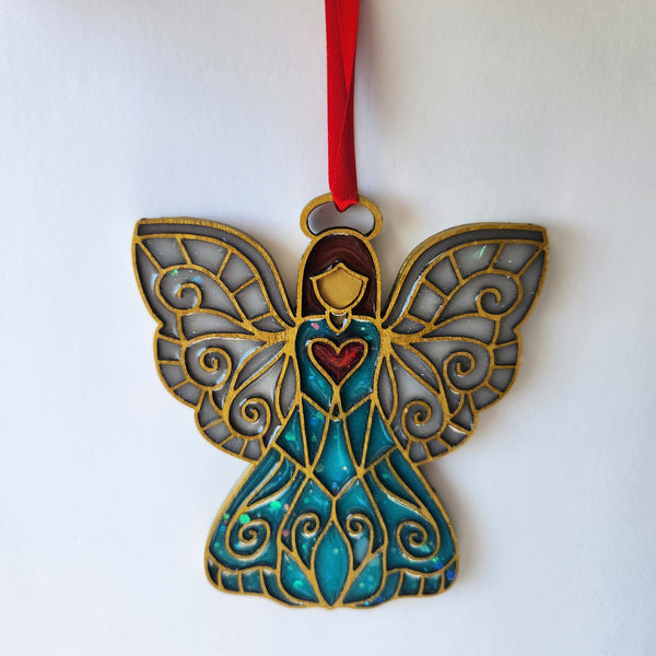 Unique handmade resin and wood angel ornament with varying colors