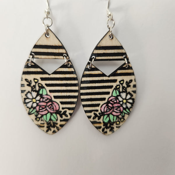 Natural and black striped floral earrings made from laser cut wood with 925 sterling silver hooks