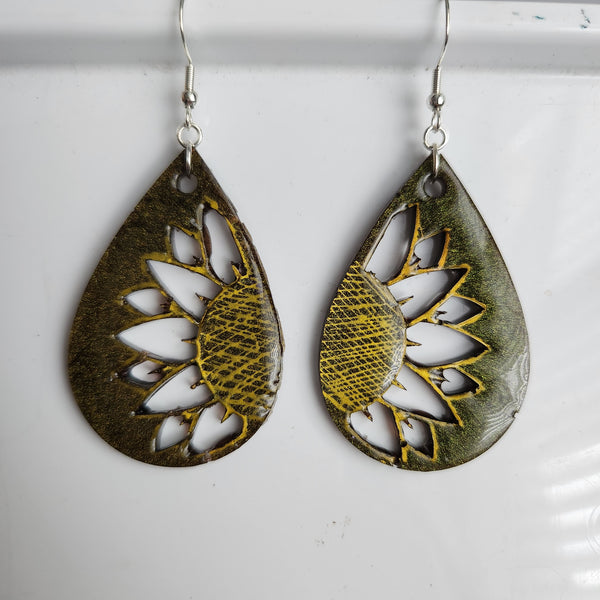 Sunflower teardrop resin earrings on stainless steel hooks