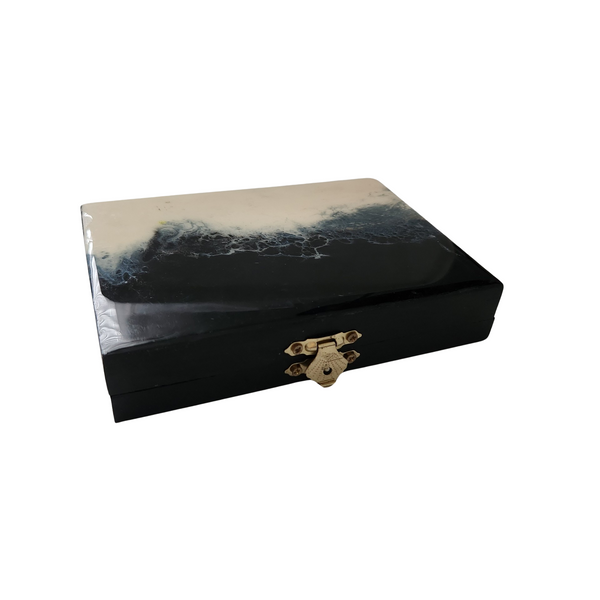 Unique handcrafted resin-topped flat wooden box by Blue Bourbon Designs