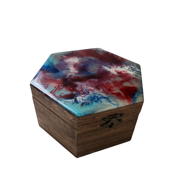 Unique resin art hexagon box handmade by Blue Bourbon Designs