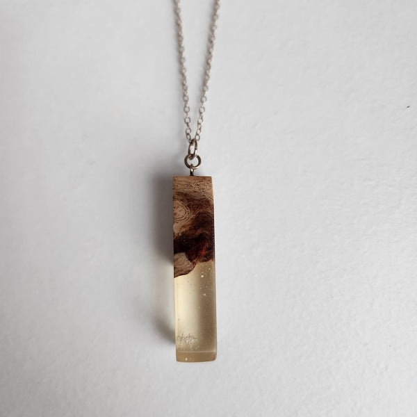 Wood burl and clear resin necklace on sterling silver chain