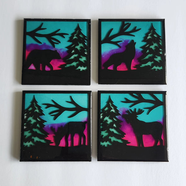 woodland animals laser cut coasters filled with resin with cork back
