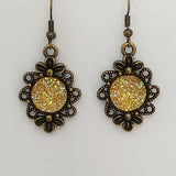 Brass flower earrings with 12mm druzy cabochon center on brass hooks