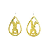 Translucent resin teardrop rabbit dangle earrings with colorful glitter on stainless steel hooks.