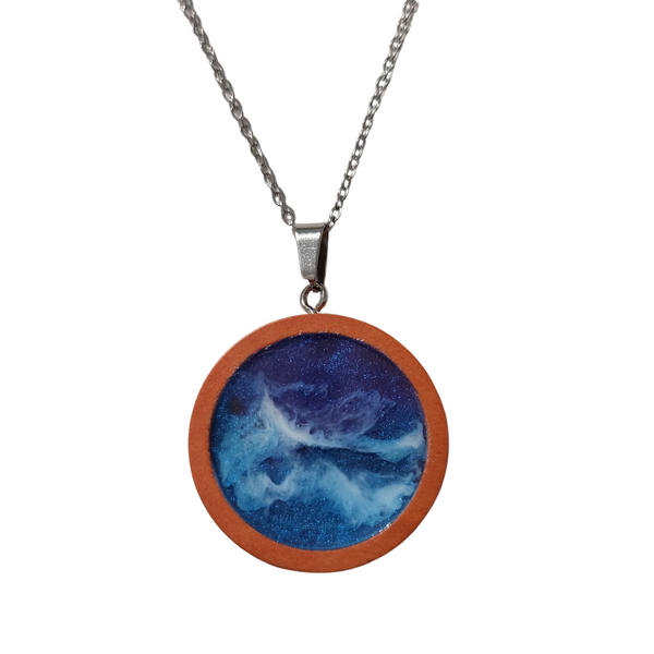 1-inch wood pendant with hand-poured ocean resin on stainless steel chain