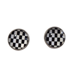 A pair of checker print stud earrings on stainless steel posts.