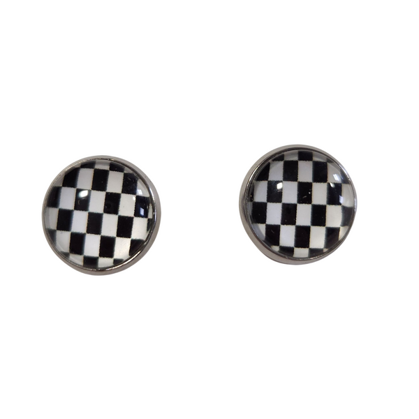 A pair of checker print stud earrings on stainless steel posts.