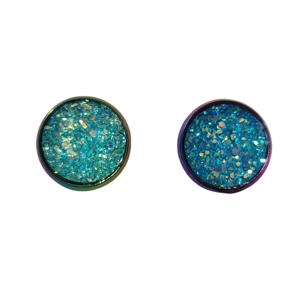 Druzy rainbow stud earrings with sparkly druzy cabochons on rainbow stainless steel posts