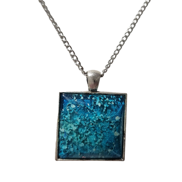 Square alcohol ink resin necklace with domed finish on stainless steel chain