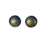 Round mermaid scale and dragon scale stud earrings on rainbow stainless steel posts