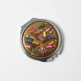 Whimsical faux chocolate frosting compact mirror with sprinkles and dual mirrors