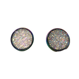 Druzy rainbow stud earrings with sparkly druzy cabochons on rainbow stainless steel posts