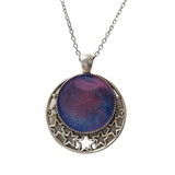 Round metal crescent moon and star pendant with resin center on stainless steel chain