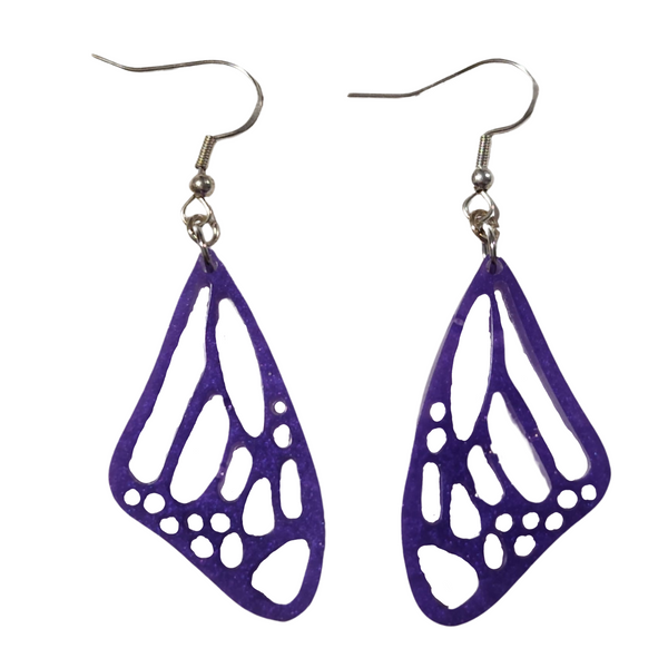 Small butterfly wing resin dangle earrings on stainless steel hooks