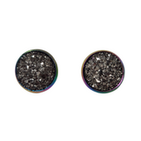 Druzy rainbow stud earrings with sparkly druzy cabochons on rainbow stainless steel posts