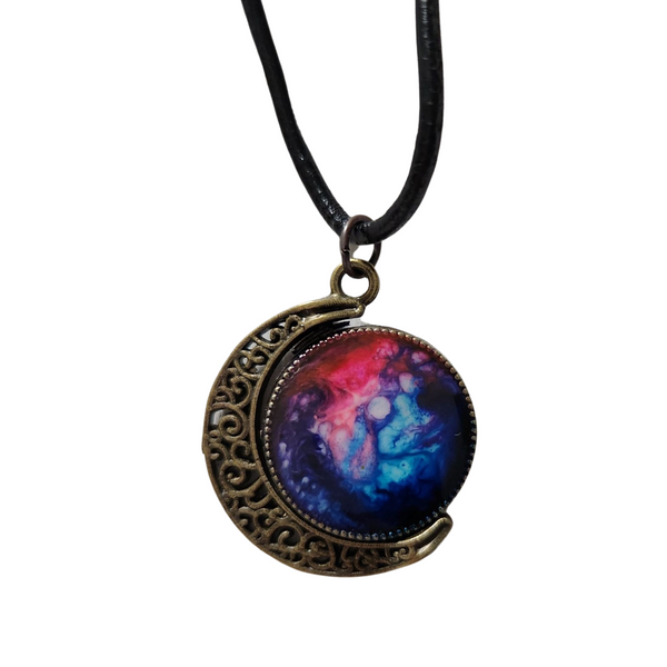 Reversible crescent moon pendant with two unique resin sides