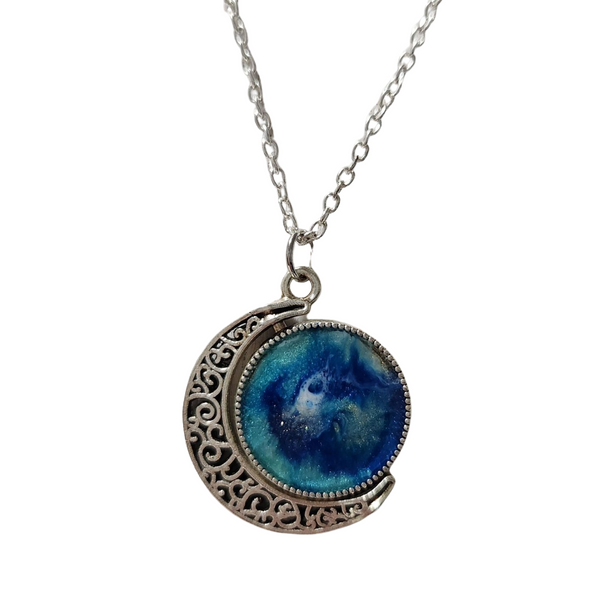 Double-sided resin moon necklace on stainless steel chain