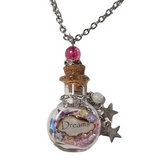 Round glass bottle necklace filled with magical items on stainless steel chain