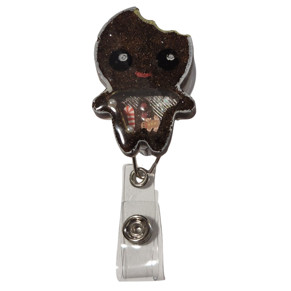 Festive shaker badge reel with gingerbread man design and moving charms