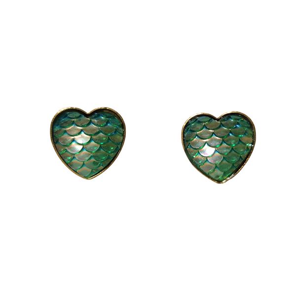 Mermaid scale and dragon scale heart earrings with color-shifting cabochons on stainless steel posts