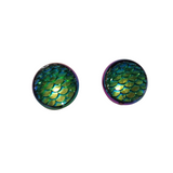 Round mermaid scale and dragon scale stud earrings on rainbow stainless steel posts