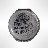 Silver glitter resin compact mirror with lotus flower and quote ‘Find yourself in you