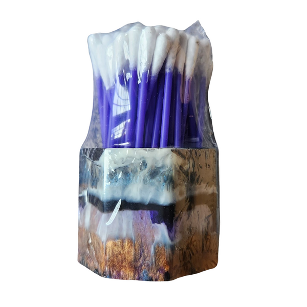 One-of-a-kind resin bathroom organizer with cotton swabs included