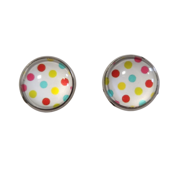 Large polka-dot stud earrings on stainless steel posts in multiple colors