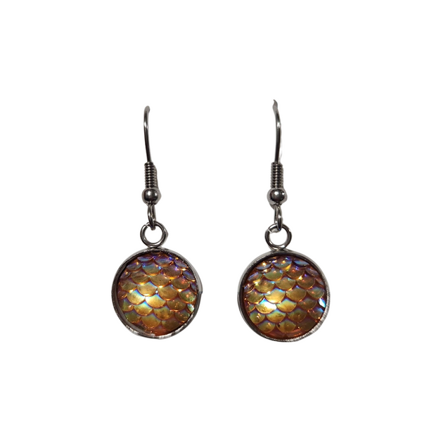 Mermaid scale and dragon scale dangle earrings with color-shifting cabochons on silver stainless steel hooks
