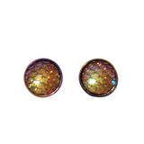 Round mermaid scale and dragon scale stud earrings on rainbow stainless steel posts