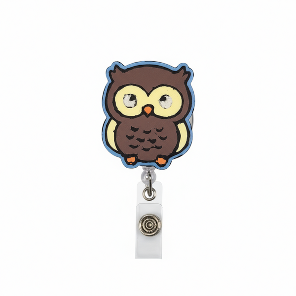 Resin owl badge reel for work or school, handmade and one-of-a-kind