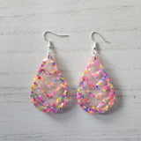Chevron teardrop resin dangle earrings on stainless steel hooks in multiple colors