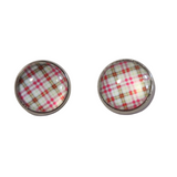 A pair of plaid stud earrings with stainless steel posts.
