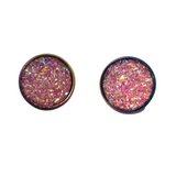 Druzy rainbow stud earrings with sparkly druzy cabochons on rainbow stainless steel posts