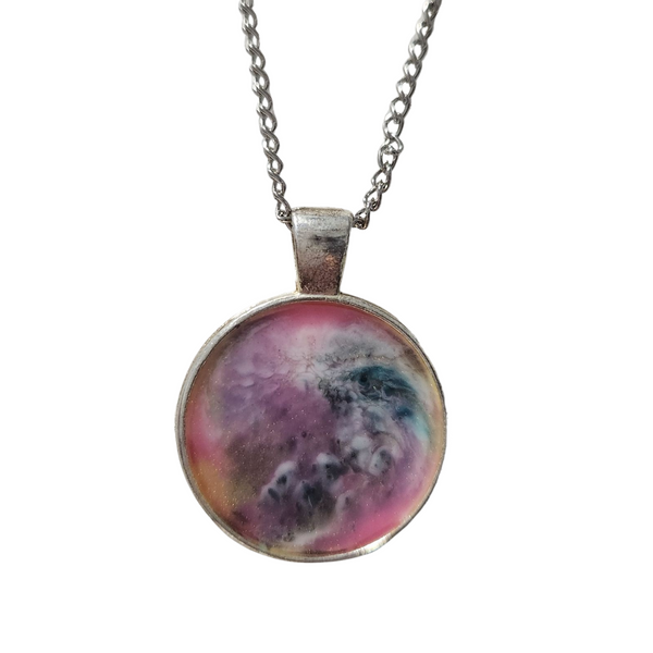 1-inch round resin necklace on silver stainless steel chain