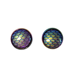 Round mermaid scale and dragon scale stud earrings on rainbow stainless steel posts