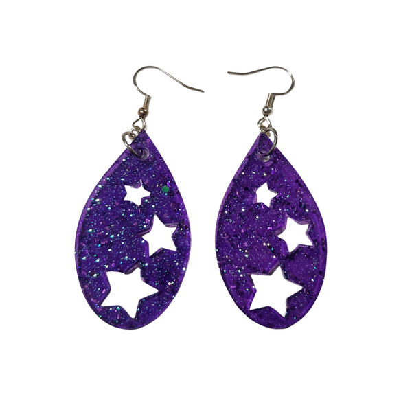 Star teardrop resin earrings on stainless steel hooks in multiple colors