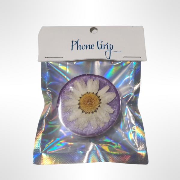 Handmade resin phone grip with real dried flowers by Blue Bourbon Designs