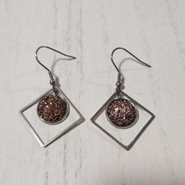 Metal shaped druzy dangle earrings on silver stainless steel hooks