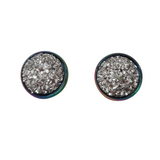 Druzy rainbow stud earrings with sparkly druzy cabochons on rainbow stainless steel posts