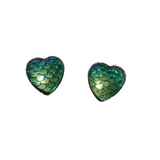 Mermaid scale and dragon scale heart earrings with color-shifting cabochons on stainless steel posts