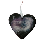 Handmade space heart ornament with black resin base and galaxy swirls by Blue Bourbon Designs.
