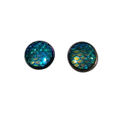 Round mermaid scale and dragon scale stud earrings on rainbow stainless steel posts